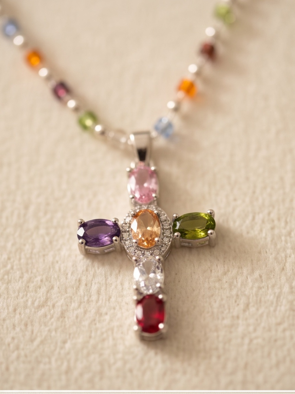 Colorful Multi-Gemstone Cross Beaded Necklace (16"–18")